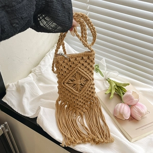 Sac À Téléphone Tissé Main Corde Coton Gland Style Bohème Vacances Plage Sac Bandoulière Pour Femmes Décontracté Été