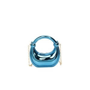 Mini acrylic half-moon evening bag in electric blue metallic finish with top round handle