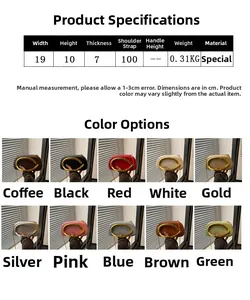 Detailed size chart and multi-color options for the acrylic round handle evening bag