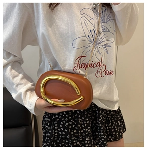 Detail of a brown oval acrylic evening bag with a gold C-shaped handle and chain strap