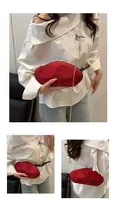 Detailed views of red sculptural acrylic clutch with gold chain strap in three lifestyle scenes