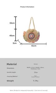 Sac rond en paille ethnique avec mandala au crochet coloré et détails de taille