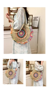 Détail du motif mandala en fleurs au crochet sur le sac de plage rond en paille