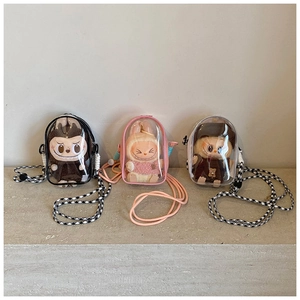 Three clear PVC display bags with plush figurines and colorful woven shoulder straps