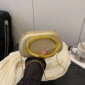 Acrylic round evening bag with large gold metal ring handle and chain strap