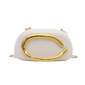 Elegant white leather evening bag with round acrylic body and gold C-shaped metal handle