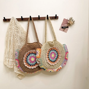 Sac À Épaule Tissé En Paille Ronde Crochet Mandala Floral Fait Main Bohème Plage Vacances Grand Fourre-tout Femmes