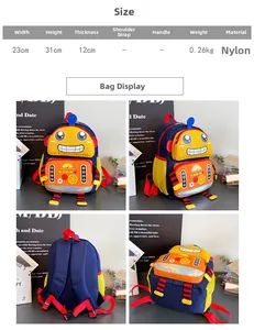Tableau des tailles détaillé et vues multiples du sac à dos robot en nylon pour enfant