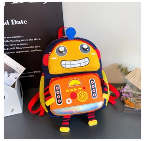 Vue détaillée du sac à dos robot pour enfants avec engrenages et poche filet