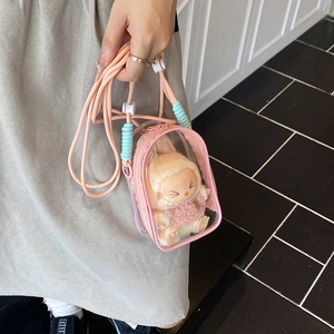 Pink transparent PVC jelly bag for dolls with stylish pink rope shoulder strap