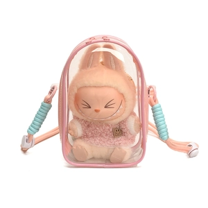 Pink transparent mini jelly backpack with plush doll and pastel cord straps on white background