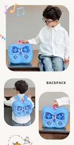 Detail of blue 3D butterfly toddler backpack showing ergonomic wide straps and EVA shell