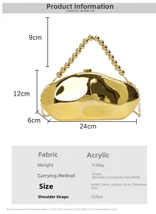 Detailed size specifications for the gold acrylic pebble-shaped evening clutch bag