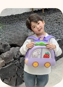 Detail view of purple EVA car-shaped kids backpack with cute bunny and strawberry prints