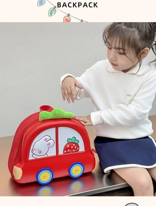 Toddler car backpack with cute rabbit and strawberry prints on red EVA hard shell case