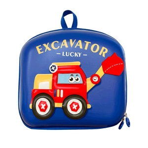 Blue EVA eggshell backpack for kids featuring a 3D cartoon excavator design