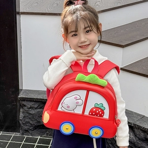 Cute red car shaped children's backpack with cartoon rabbit design for kindergarten toddlers