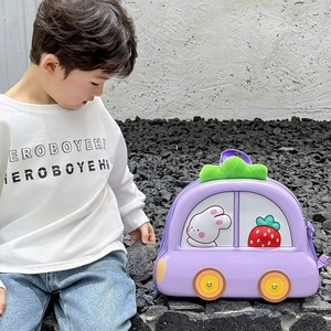 Cute purple car-shaped EVA hard shell kids backpack featuring cartoon bunny and strawberry