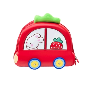 Cute red car shaped EVA hard shell backpack for kids with cartoon rabbit and strawberry