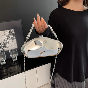 Silver mirror acrylic evening clutch bag with beaded handle and metal chain strap