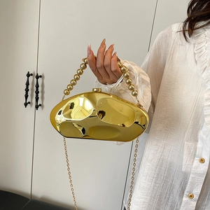 Modern irregular wave gold acrylic evening clutch bag with beaded handle and chain strap