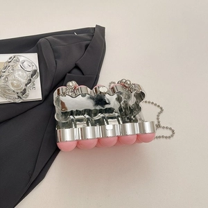 Pink bubble acrylic evening clutch bag with silver chain strap and metal frame