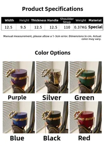 Detailed size specifications for acrylic ball evening bags in six assorted colors