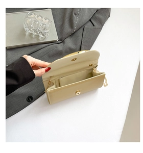 Dettaglio interno della borsa da sera beige con chiusura magnetica e catena dorata