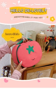 Pink tomato shaped nylon storage bag with cute smiley embroidery and green handle