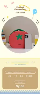 Size chart and dimensions of the tomato nylon bag measuring 24x19x8.5cm with phone comparison