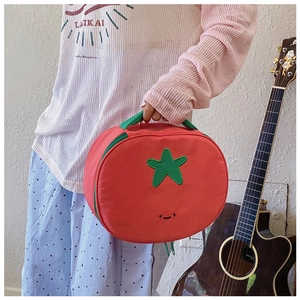 Detail of tomato-shaped nylon pouch with embroidered green leaves and a smiling face