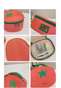 Detailed views of tomato-shaped nylon makeup bag showing green zipper and interior mesh pocket