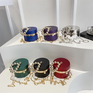 Women Cylindrical Acrylic Evening Bag Fashion Metallic Box Clutch With Large Bead Handle And Metal Chain Strap Party Bag