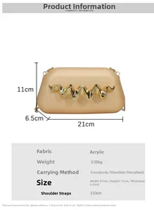 Guide des tailles pour pochette de soirée, dimensions 21x11x6.5cm et détails de chaîne