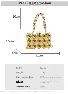 Mini acrylic gold evening bag with beaded handle and size specifications table