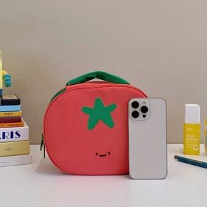 Cute tomato-shaped nylon waterproof makeup bag with green handle and star patch