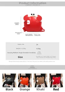 Detailed view showing dimensions and color options for the crab-shaped PU crossbody bag