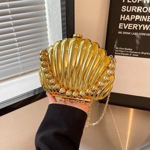 Shell Shape Metallic Acrylic Evening Bag With Artificial Pearl Bead Handle And Metal Chain Strap Fashion Clutch For Women