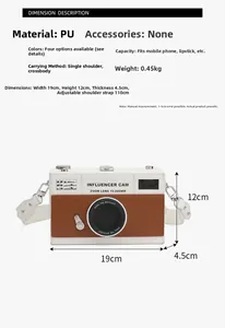 Size chart showing 19cm camera-style crossbody bag dimensions and PU material specs