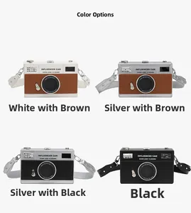 Detail view of camera-shaped crossbody bags in four colorways with wide straps
