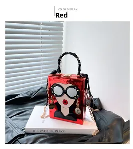 Detail of red acrylic crossbody bag with sunglasses girl applique and polka dot scarf handle