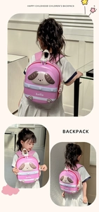 Detailed views of a pink waterproof EVA hardshell cartoon backpack with puppy ears for kids