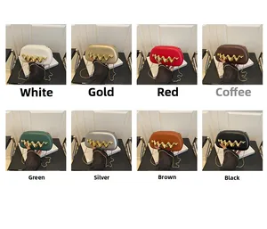 Detailed grid view of assorted colored leather box bags with gold wavy metal buckles