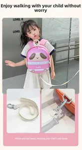 Pink cartoon puppy EVA backpack with a 100cm safety leash and sturdy metal hook details