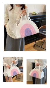 Detailed close-up of rainbow cotton rope storage bag with soft pink and purple woven layers