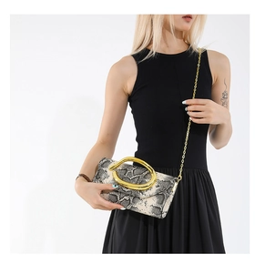 Detail of snake skin pattern clutch bag with gold ring handle and chain strap