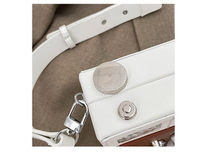 Close-up of camera-shaped bag with silver hardware and textured leather contrast