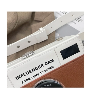 Macro detail of camera-shaped crossbody bag featuring retro color-block leather and prints