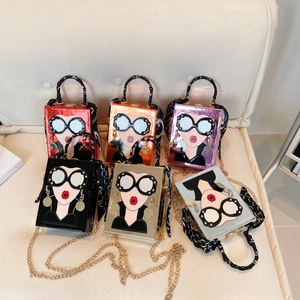 Funny Cartoon Face PU Leather Crossbody Bag Pop Art Sunglasses Red Lips With Satin Scarf Handle Gold Metal Chain Strap