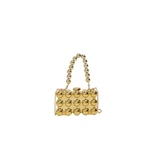 Elegant gold spherical evening bag with pearl handle and chain strap on white background